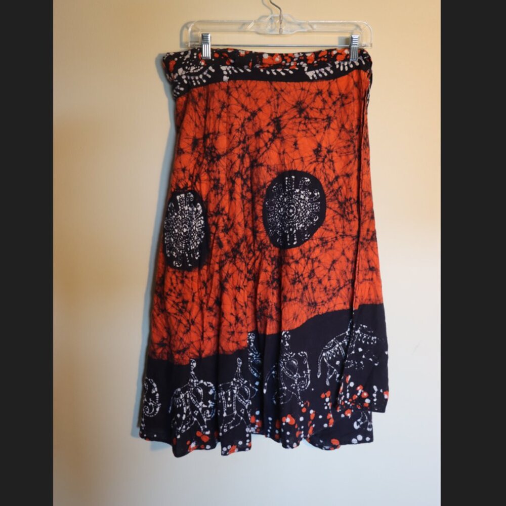Reddish Orange Navy Wrap Skirt Elephant Pattern Boho Casual